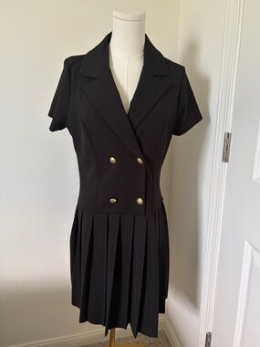 Classic Black Double-Breasted Pleated Dress